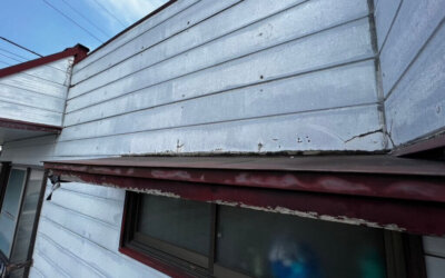 【五霞町・境町】二階建て住宅の玄関脇の屋根(霧よけ屋根・ひさし)から雨漏りしているところを対処し、カバーしました。