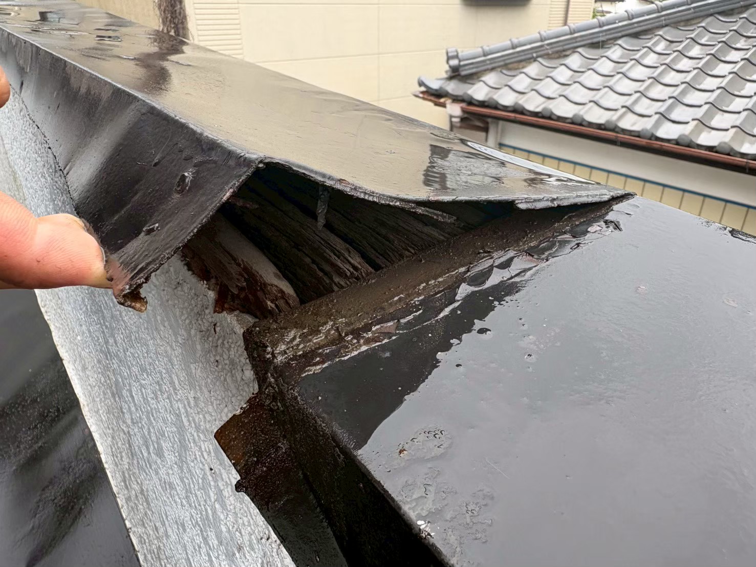 春日部市の住宅 台風でめくれ上がった笠木