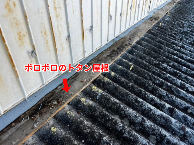 幸手市の住宅 外壁際で傷みが進んだトタン屋根